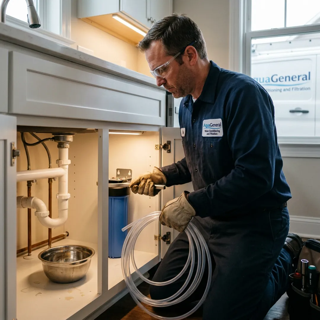 Technician installing an undersink carbon block water filter