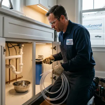 Technician installing an undersink carbon block water filter