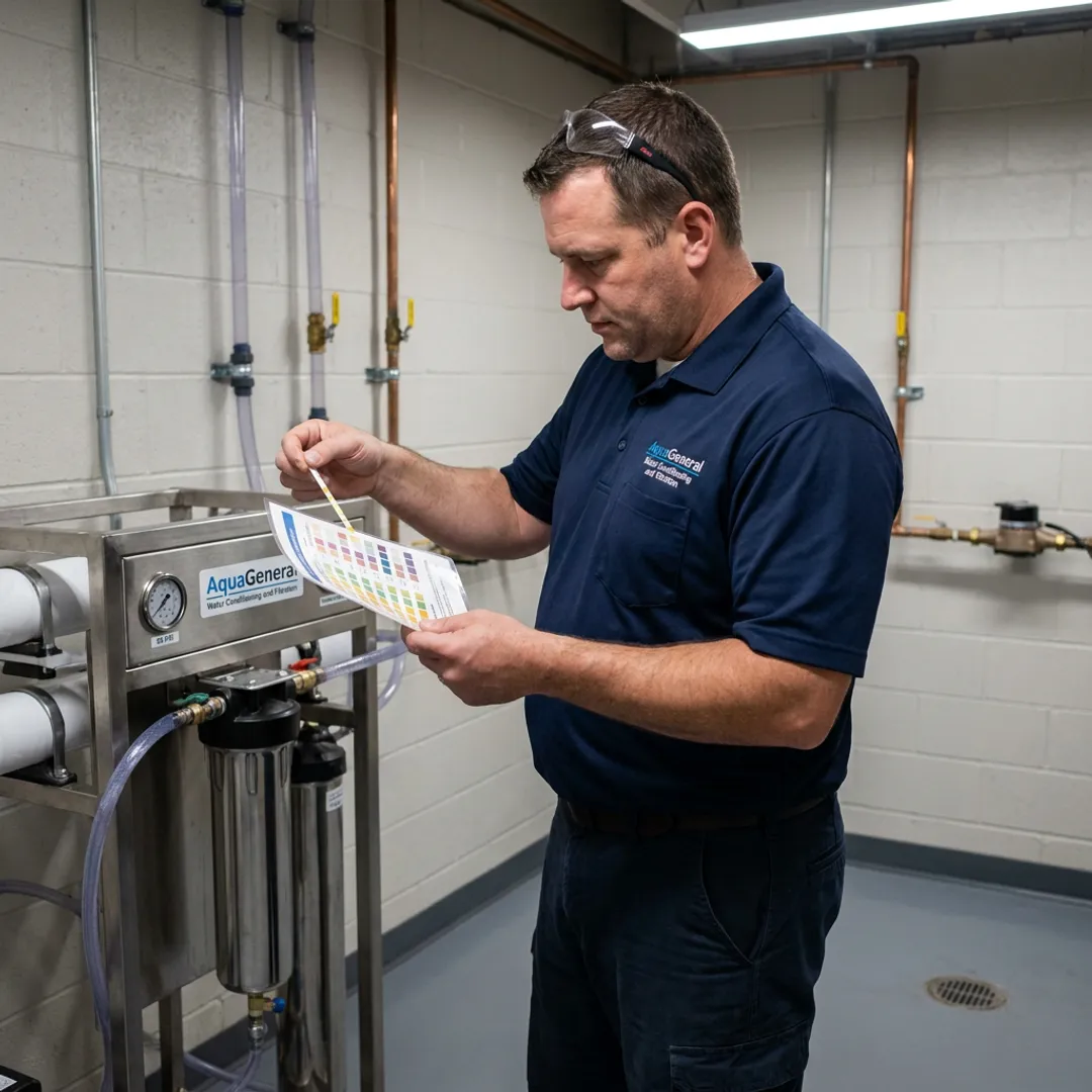 Technician testing commercial water near RO equipment