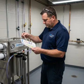 Technician testing commercial water near RO equipment