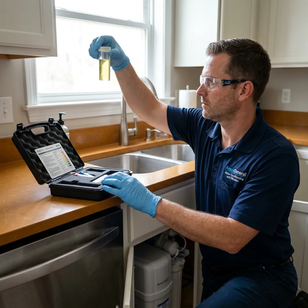 Technician testing water before installing treatment equipment