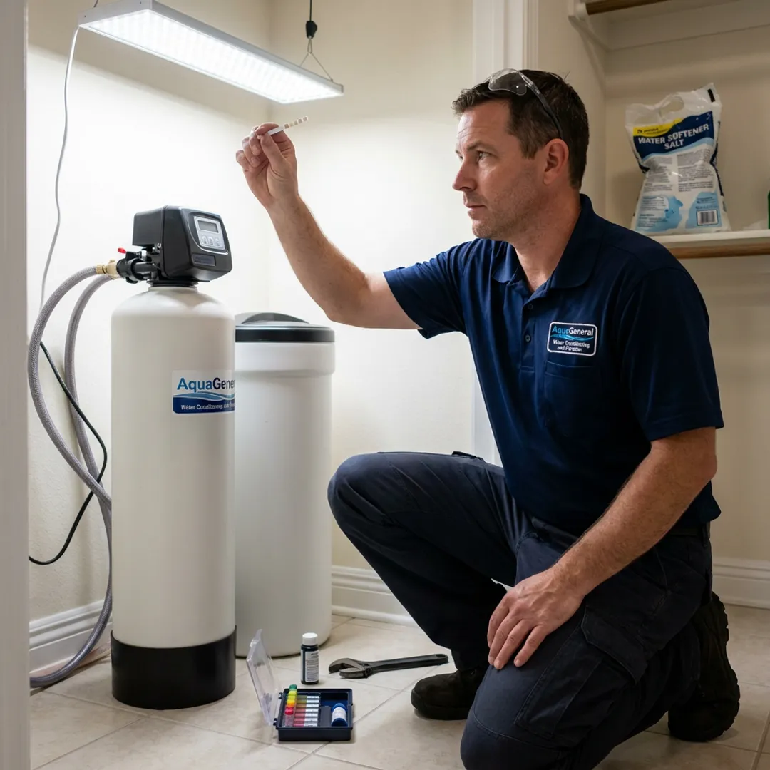 Technician testing water beside a softener system