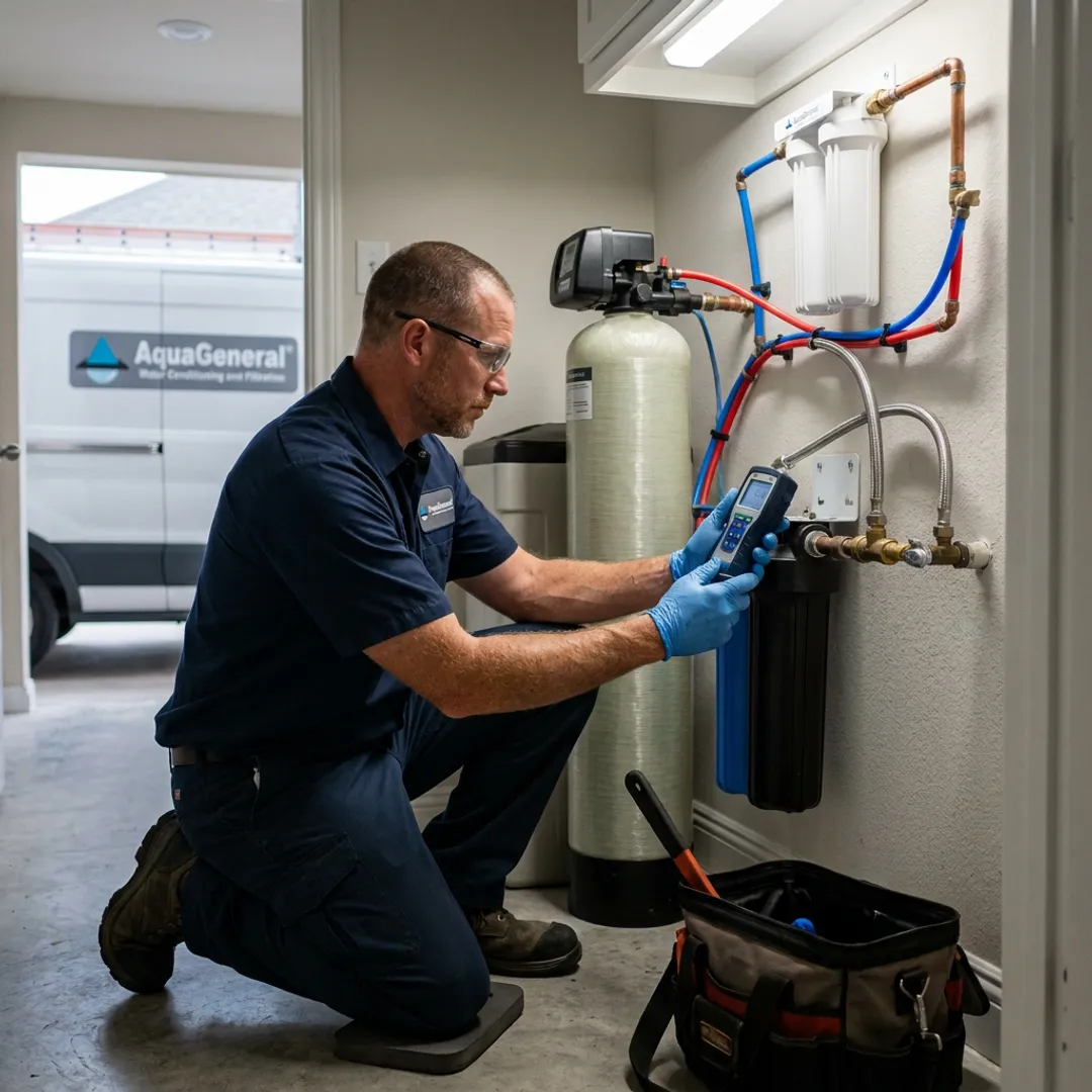 Technician testing water filtration system