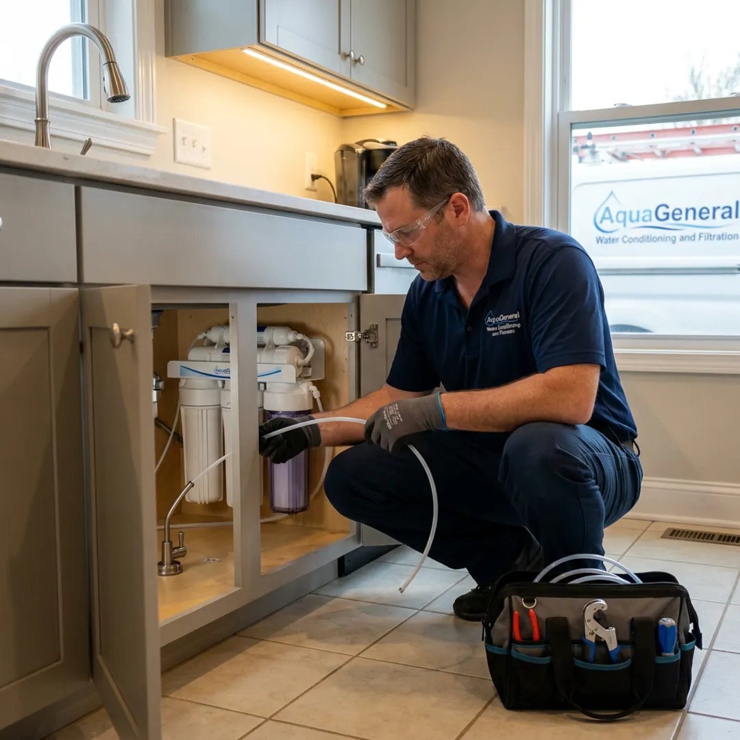 Technician installing an undersink reverse osmosis filter