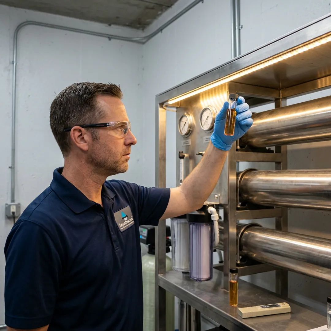 Technician testing water and inspecting a commercial reverse osmosis system