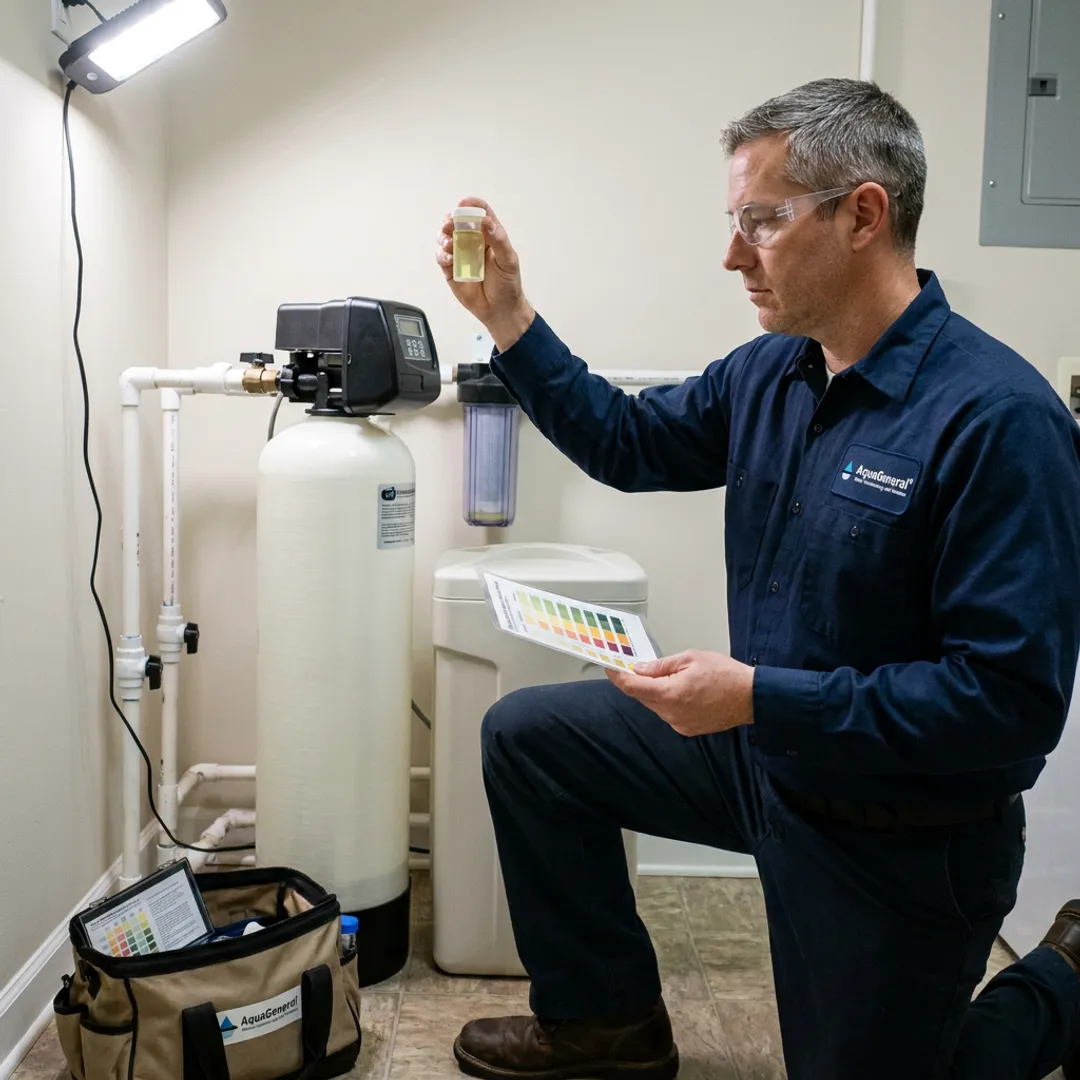 Technician testing home water before filter installation