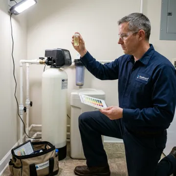 Technician testing home water before filter installation