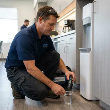 Technician testing office water filtration system
