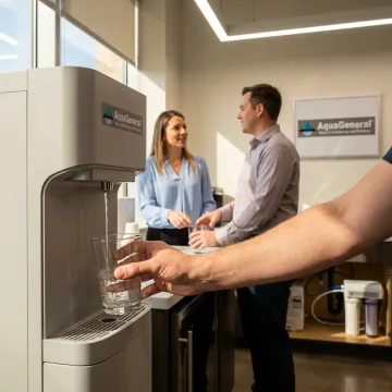 Office employees using filtered water cooler