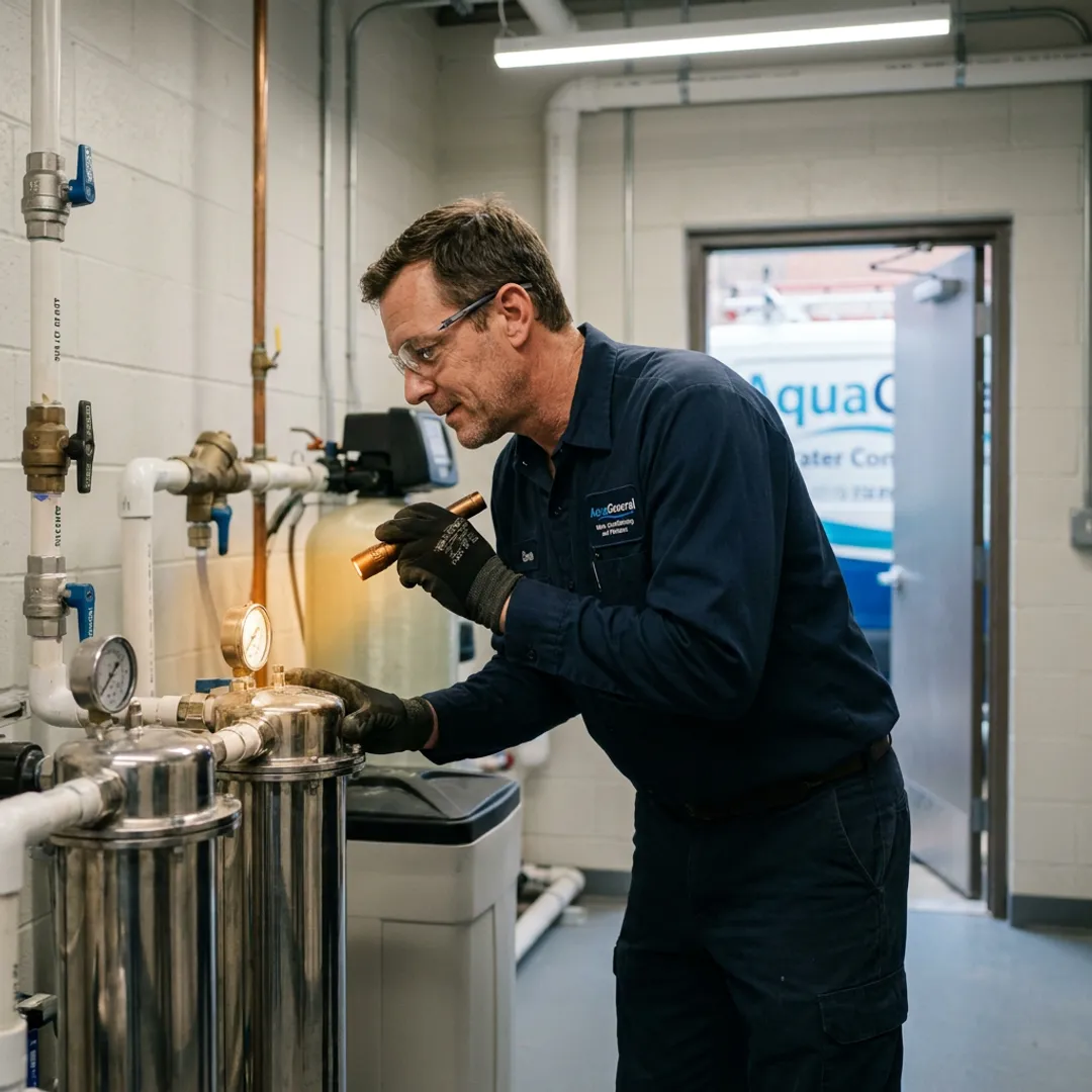Technician maintaining an industrial water treatment system