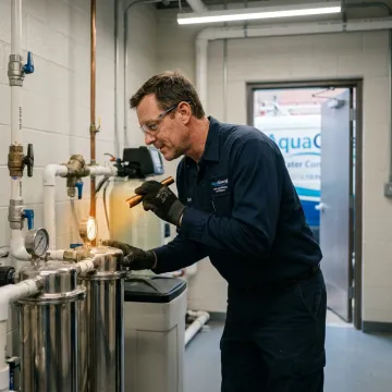 Technician maintaining an industrial water treatment system