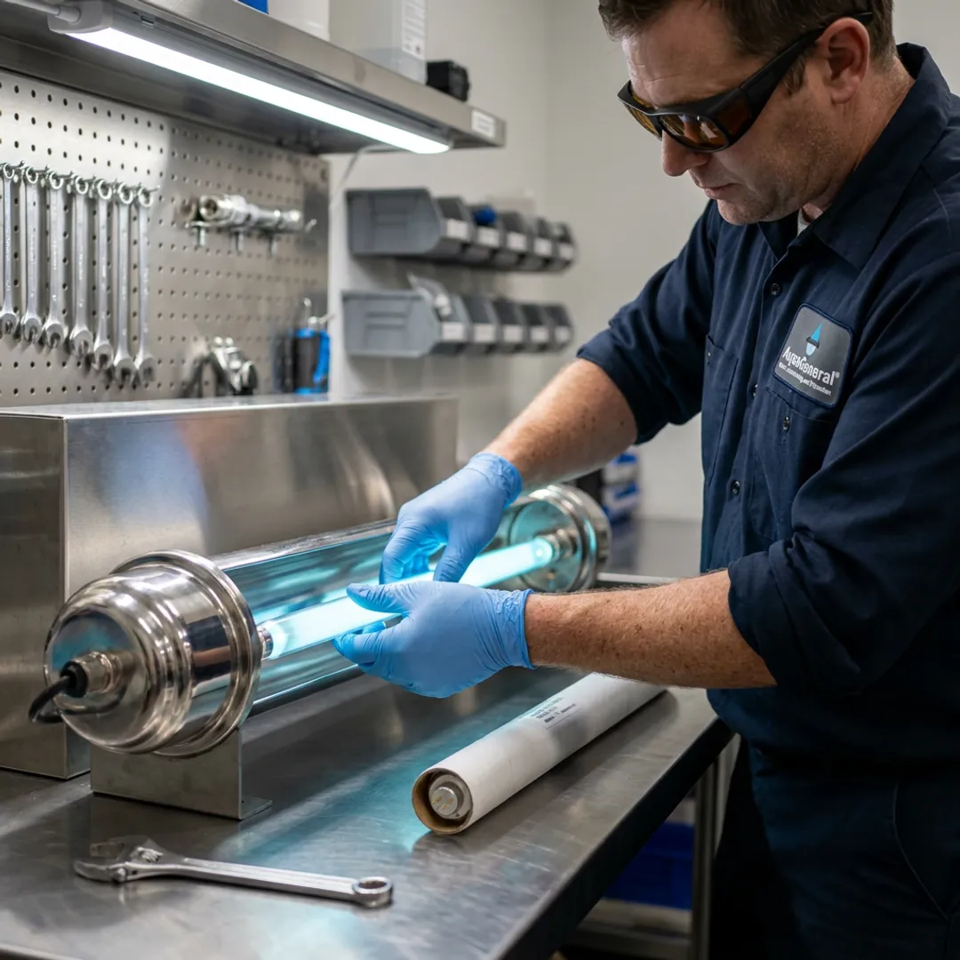 Technician replacing a UV water filter lamp