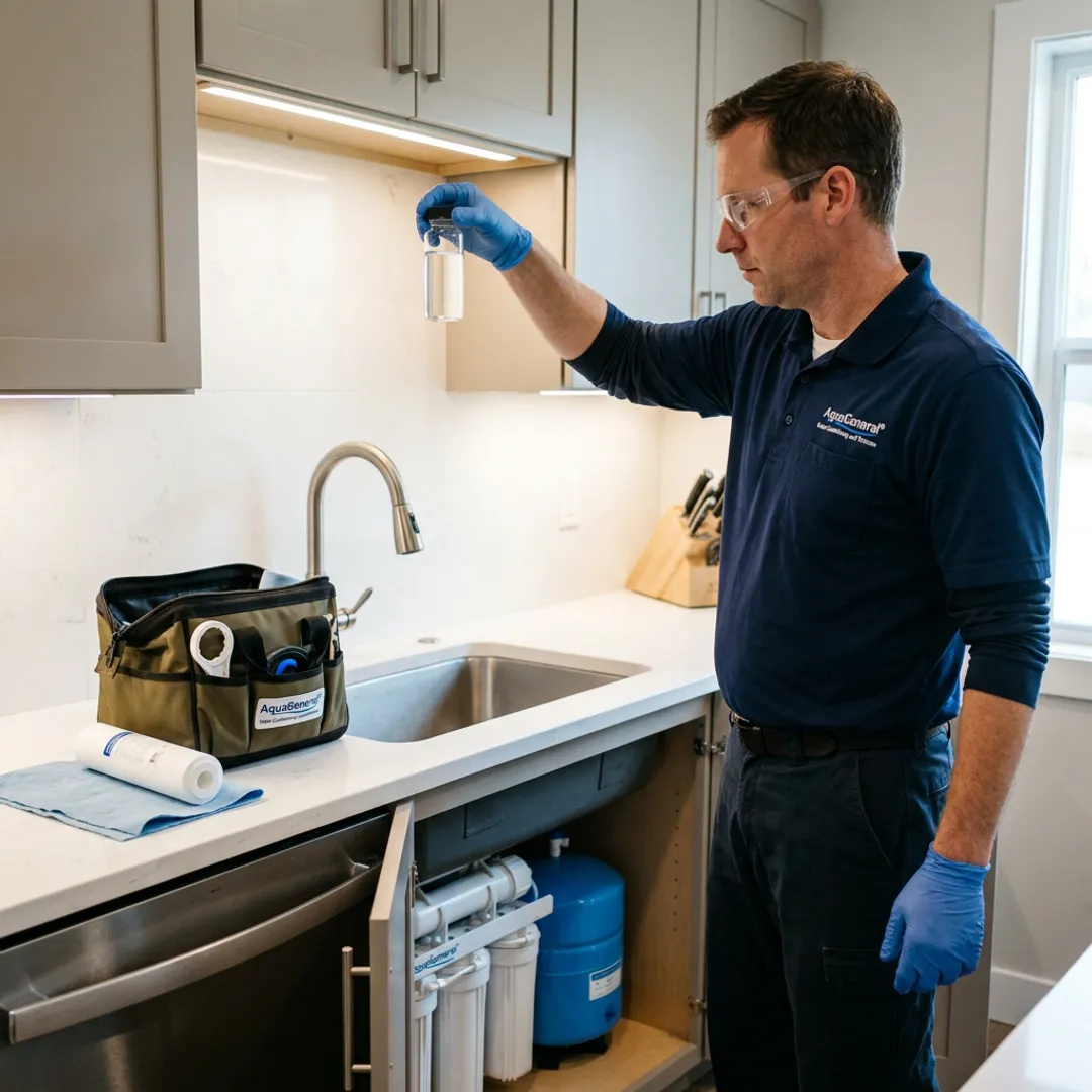 Technician testing kitchen reverse osmosis water