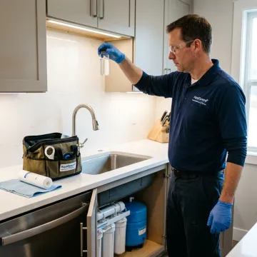 Technician testing kitchen reverse osmosis water