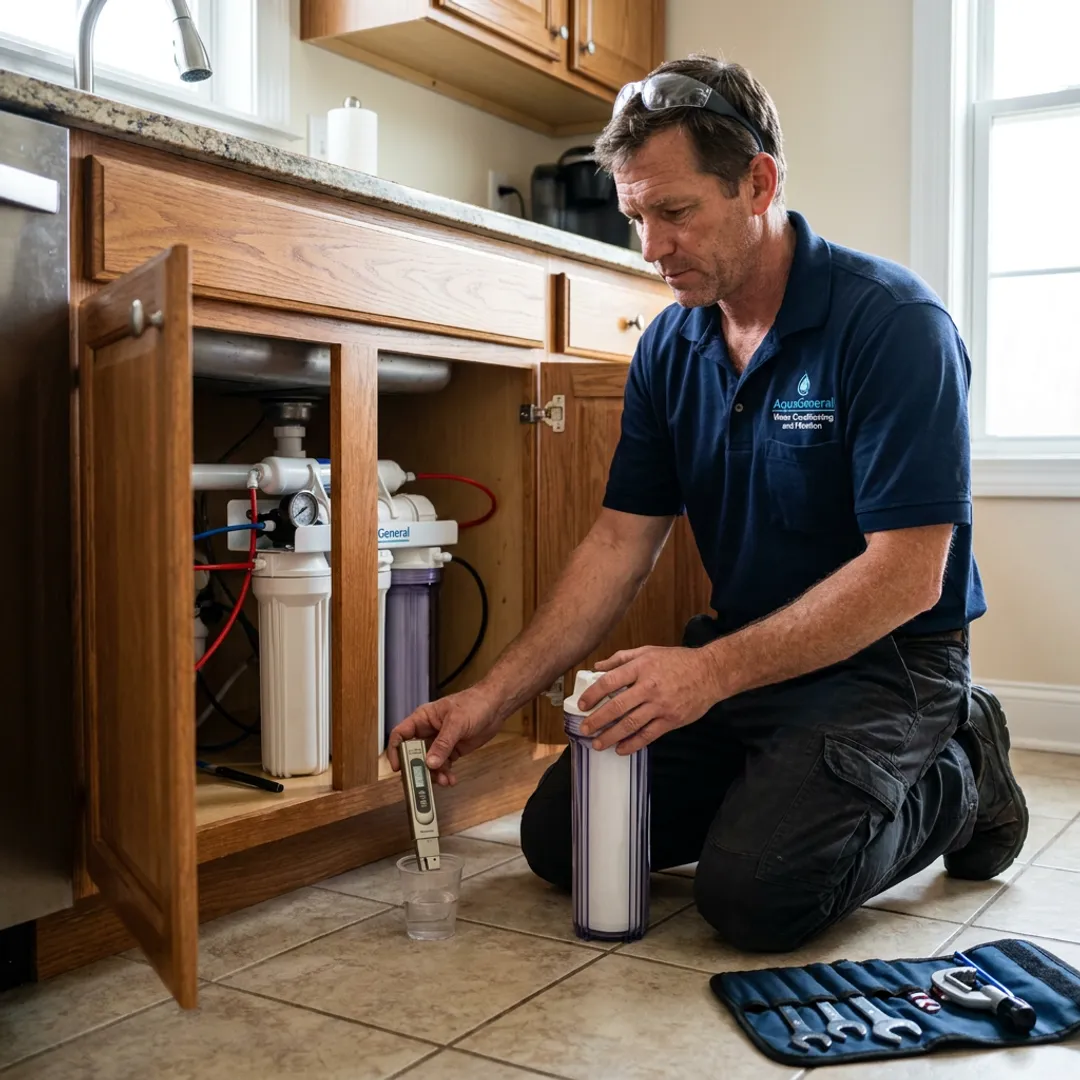 Technician servicing an undersink RO water purifier