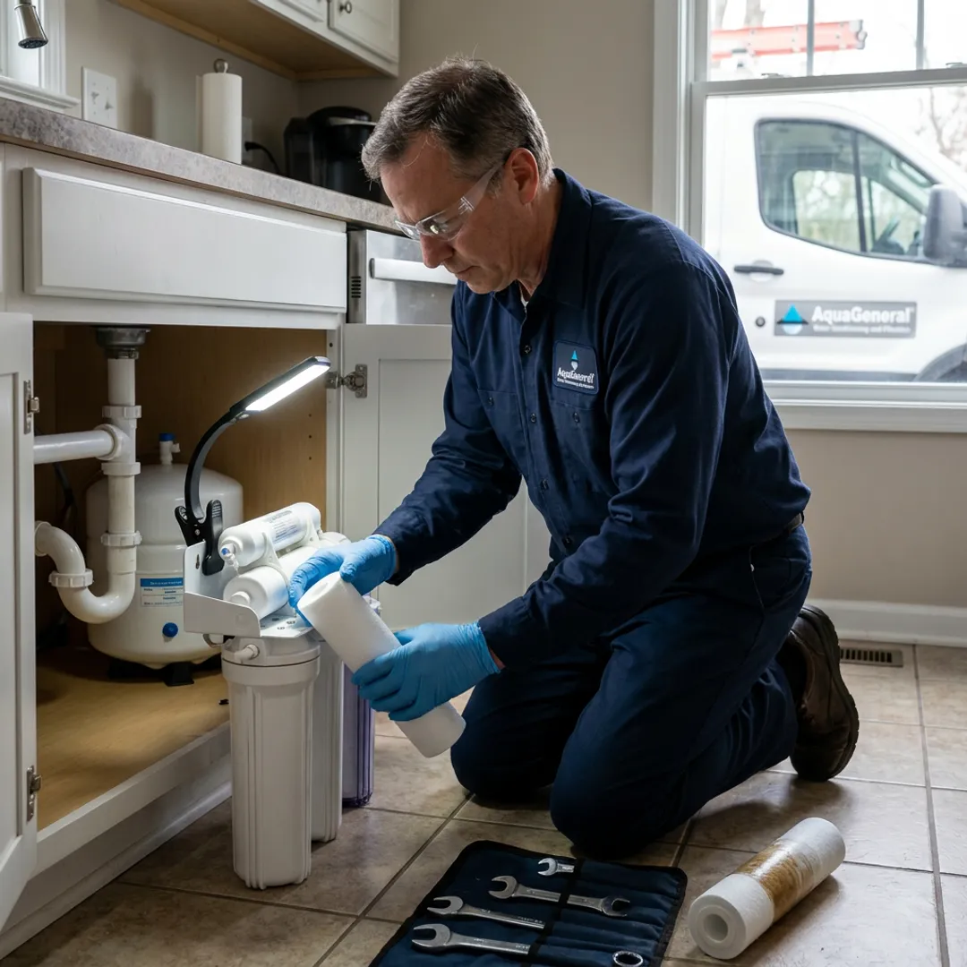 Technician servicing a residential water filtration system