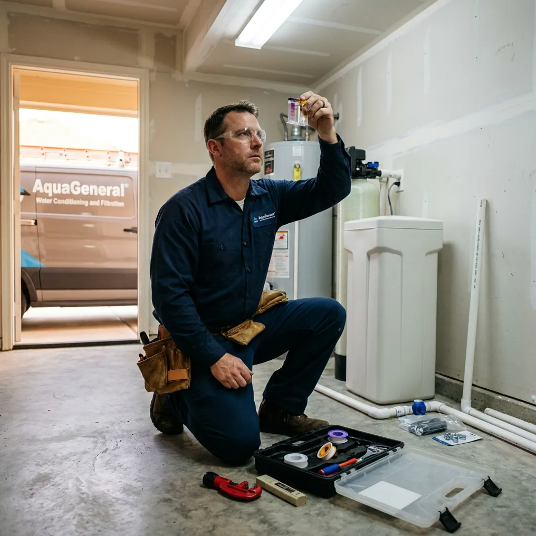 Water specialist preparing a salt-free softener installation