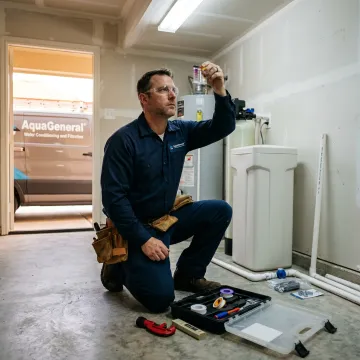 Water specialist preparing a salt-free softener installation
