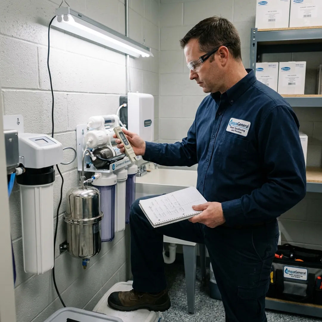 Technician testing water treatment equipment in a healthcare facility