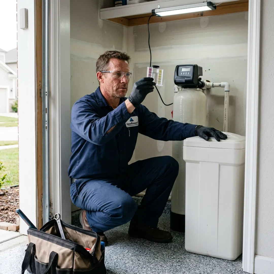 Technician servicing a home water softener system