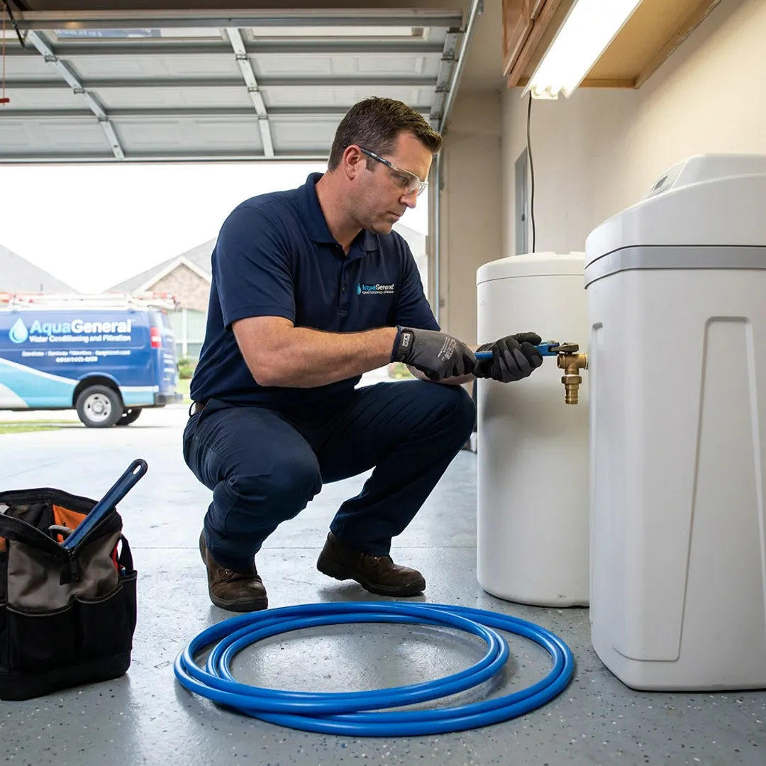 Technician installing a whole-house water softener system