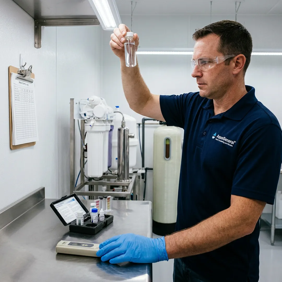 Technician testing water for a pharmaceutical lab treatment system