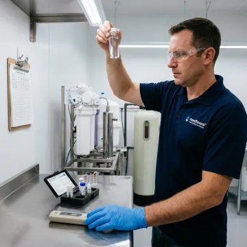Technician testing water for a pharmaceutical lab treatment system