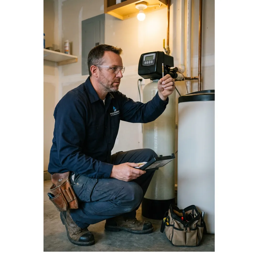 Technician testing water softener performance