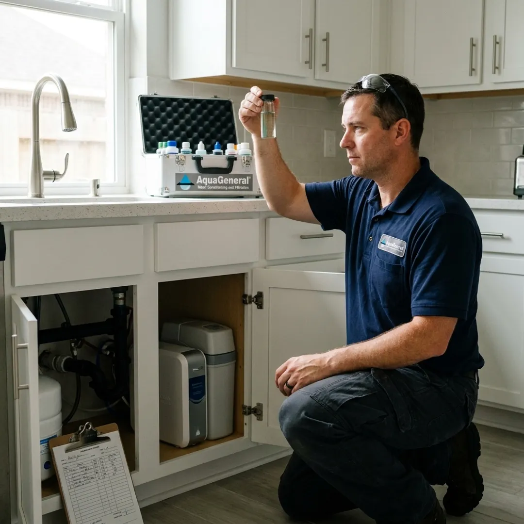 Technician testing water before filtration installation