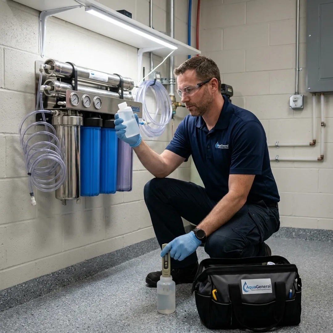 Technician testing water treatment equipment
