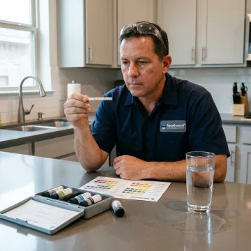 Water testing kit beside a clear glass of tap water
