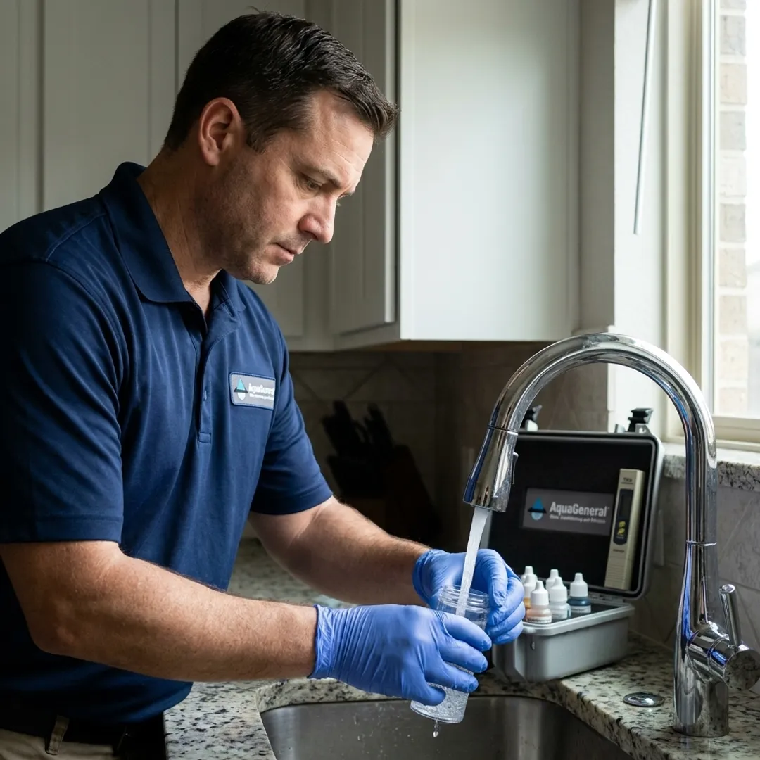 Water specialist testing tap water on site