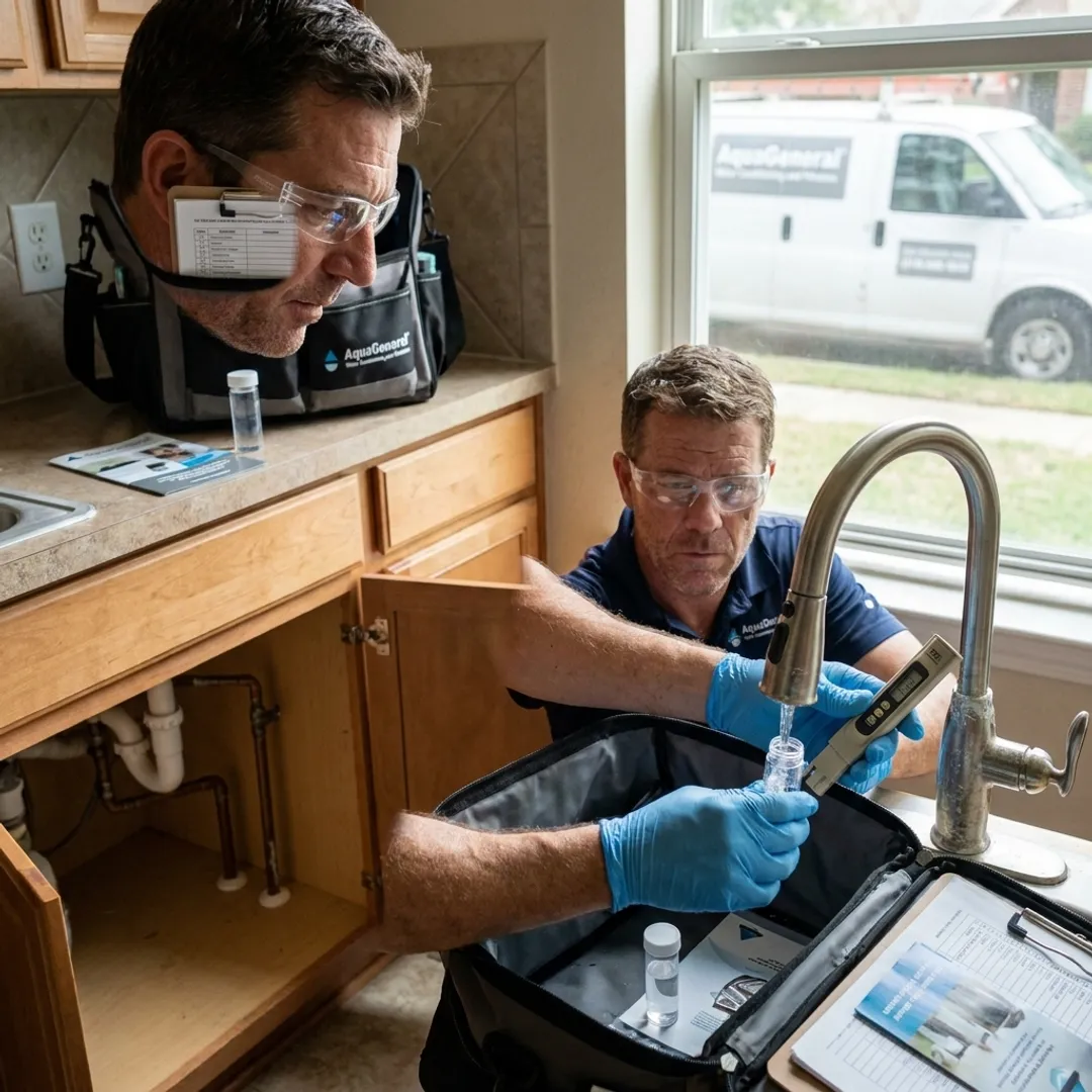 Technician testing water before conditioner installation