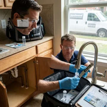 Technician testing water before conditioner installation