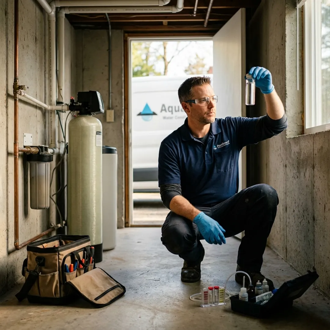 Technician testing water at a private well system