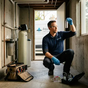 Technician testing water at a private well system