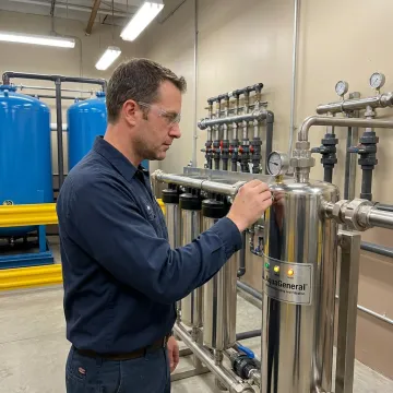 Technician inspecting commercial UV water treatment equipment