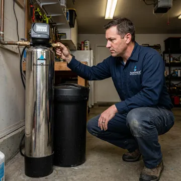 Technician inspecting a residential water softener system