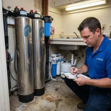 Technician testing water beside filtration equipment