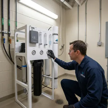 Technician inspecting a commercial reverse osmosis water purification system