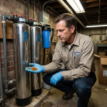 Water treatment technician inspecting softener resin media
