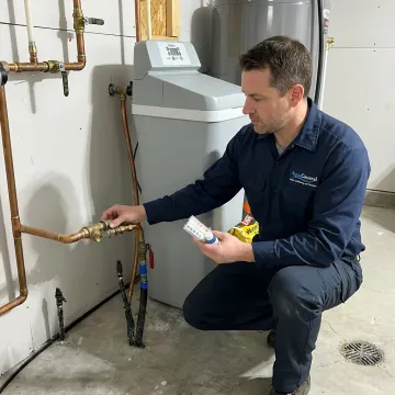 Technician inspecting a residential water softener system