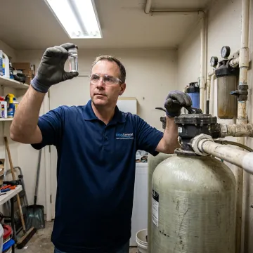 Technician testing water before carbon media maintenance