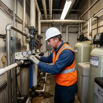 Technician inspecting industrial water filtration equipment