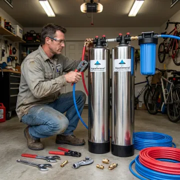 Technician installing whole-house water filtration equipment