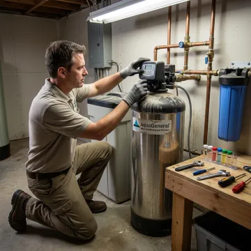 Water softener repair technician servicing a home system