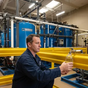 Technician testing industrial water near filtration tanks