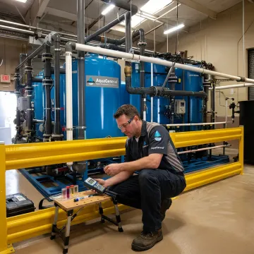 Technician testing commercial water treatment equipment