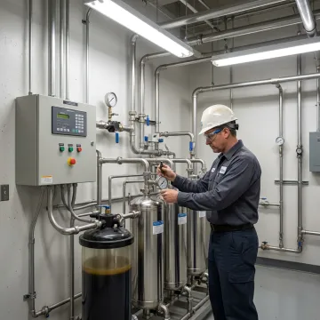Technician testing water quality in a healthcare utility room