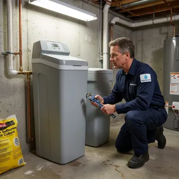 Water softener repair technician servicing a home system
